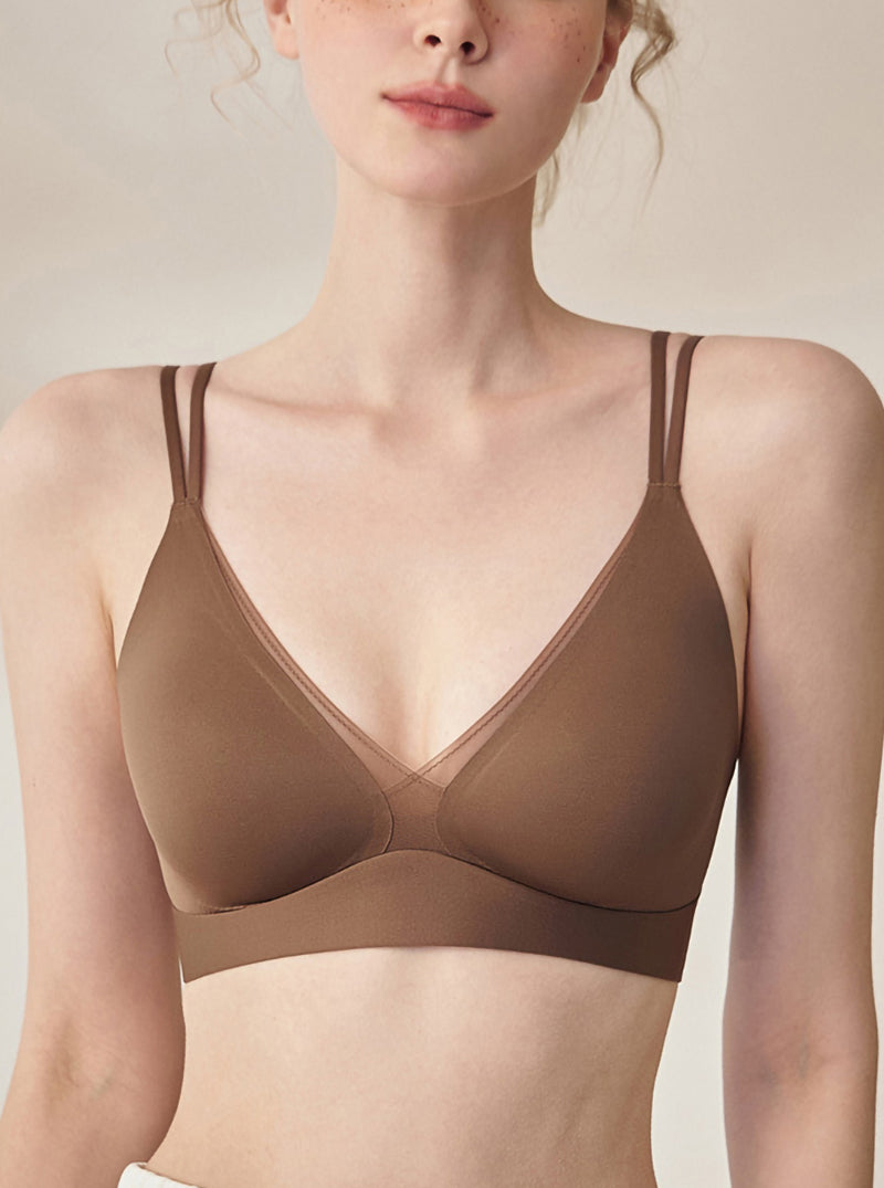 Pure Color No Steel Ring Cross Mesh Mulberry Silk Thin Comfortable Silk Double Shoulder Strap Bra