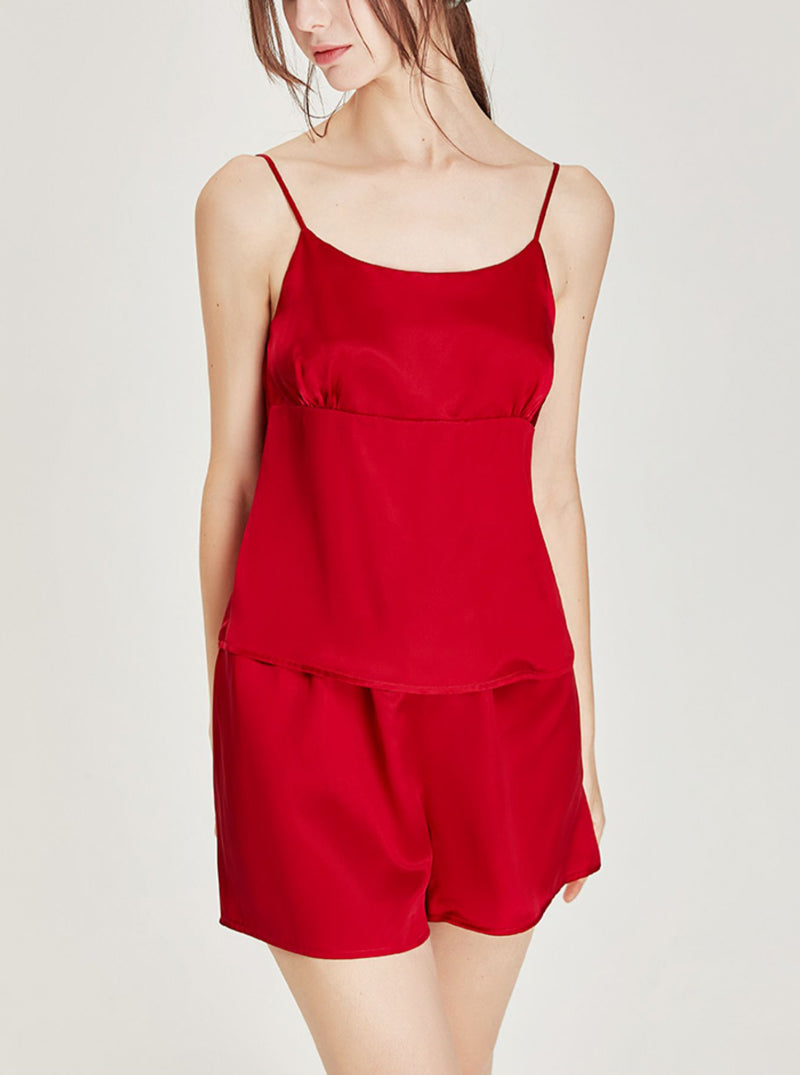 Simplicity Splicing Design Matching Pajamas Pure Color Silk Female Summer Round Collar Camisole Shorts Two-Piece Set