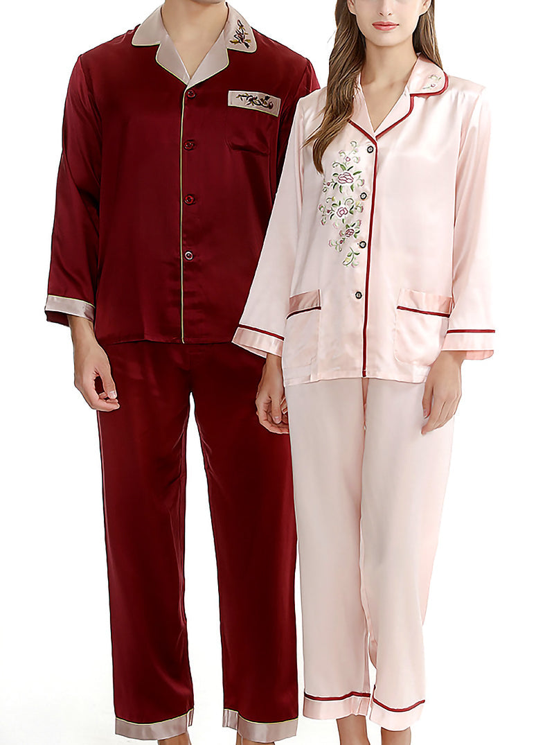 Summer Silk Couple Pajamas Sets Contrast Color Small Lapel Embroidery Simple Casual Pure Color Long-Sleeved Trousers Pajamas Two-Piece Set
