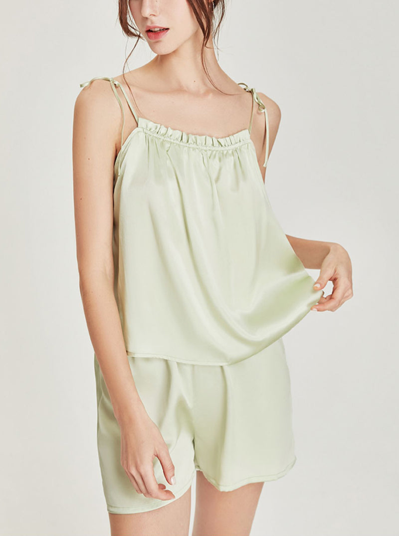 Summer Female Cute Candy Color Silk Matching Pajamas Ruffle Edge Collar Camisole Shorts Two-Piece Set