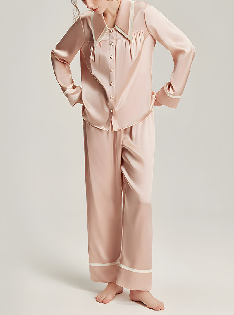 Silk Female Autumn Lapel Stitching Design Simple Fashion Soft Breathable Comfortable Long Sleeve Pajamas Two Pieces Of Solid Color