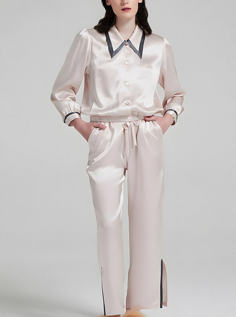 19 Momme Silk Female Spring Retro Pointed Collar High-Quality Temperament Leg Split Contrast Color Long-Sleeved Trousers Pajamas Two-Piece Set