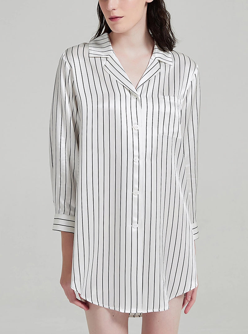 19 Momme Silk Black And White Striped Print Spring Autumn Blouse Collar Breathable Cool And Comfortable Long Sleeve Nightdress