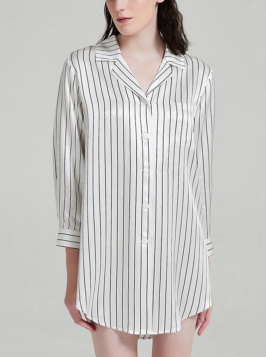 19 Momme Silk Black And White Striped Print Spring Autumn Blouse Collar Breathable Cool And Comfortable Long Sleeve Nightdress