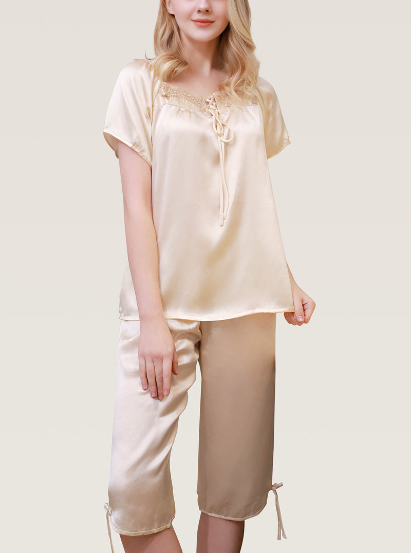 Female Spring And Autumn Silk Round Neck Embroidered Drawstring Comfortable Soft Breathable Short Sleeve Mid-Length Pants