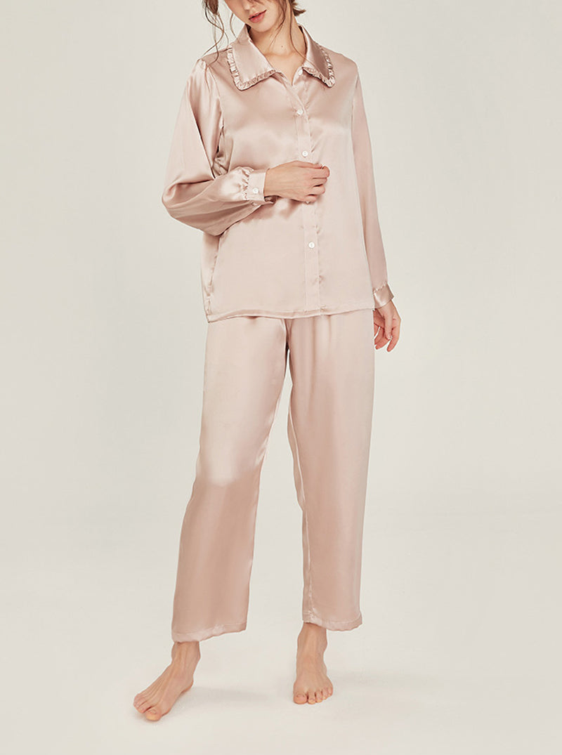 Silk Matching Pajamas Autumn Female Cute Ruffle Doll Collar Simplicity Pure Color Long Sleeve Two-Piece Set