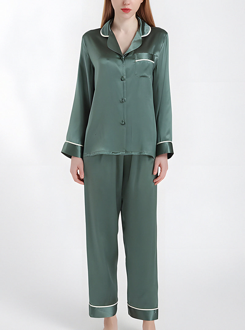 Female Summer Silk Contrast Color Line Small Lapel Simple Loose Comfortable Elegant Solid Color Long-Sleeved Pajamas Two-Piece Set