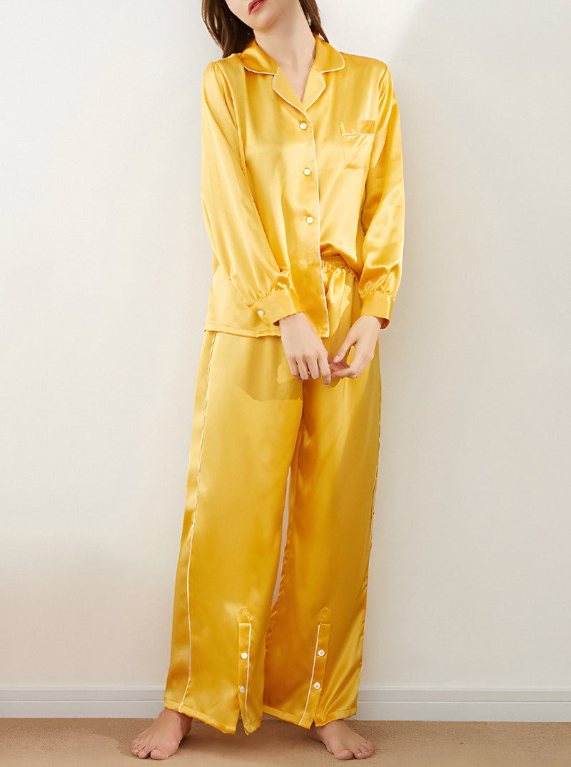 19 Momme Silk Autumn Ladies Small Lapel Beautiful Lively Colors Bright Long Sleeve Pajamas Two Piece Set