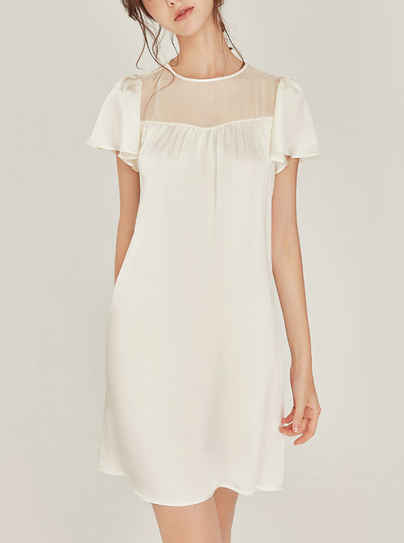 Silk Summer Advanced Sense Can Be Outdoors Simplicity Milk White Tulle Splicing Round Collar Short-Sleeve Female Loose Nightdress