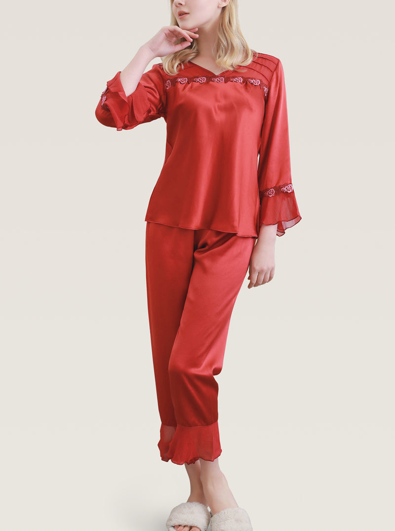 V-Neck Silk Spring And Autumn Female Flower Embroidery Stitching Elegant And Dignified Comfortable Red Long-Sleeved Pajamas Two-Piece Set