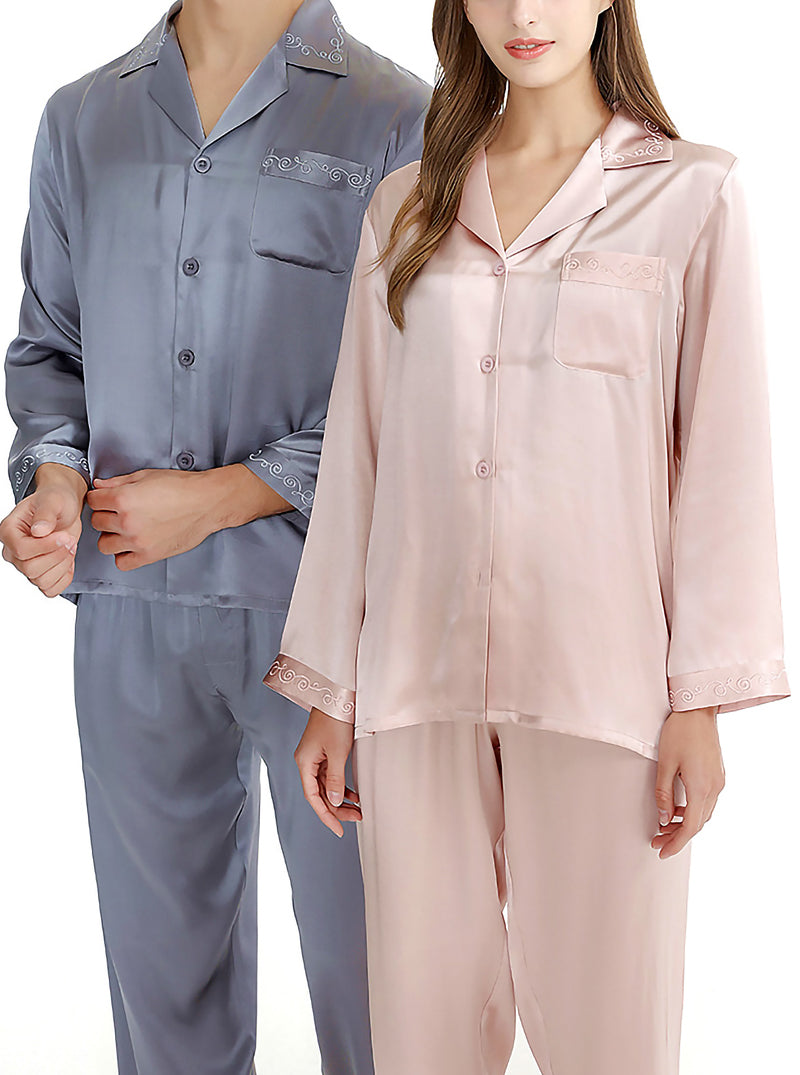Couple Pajamas Sets Silk Summer Print Small Lapel Pink Elegant Pure Color Long-Sleeved Two-Piece Pajamas