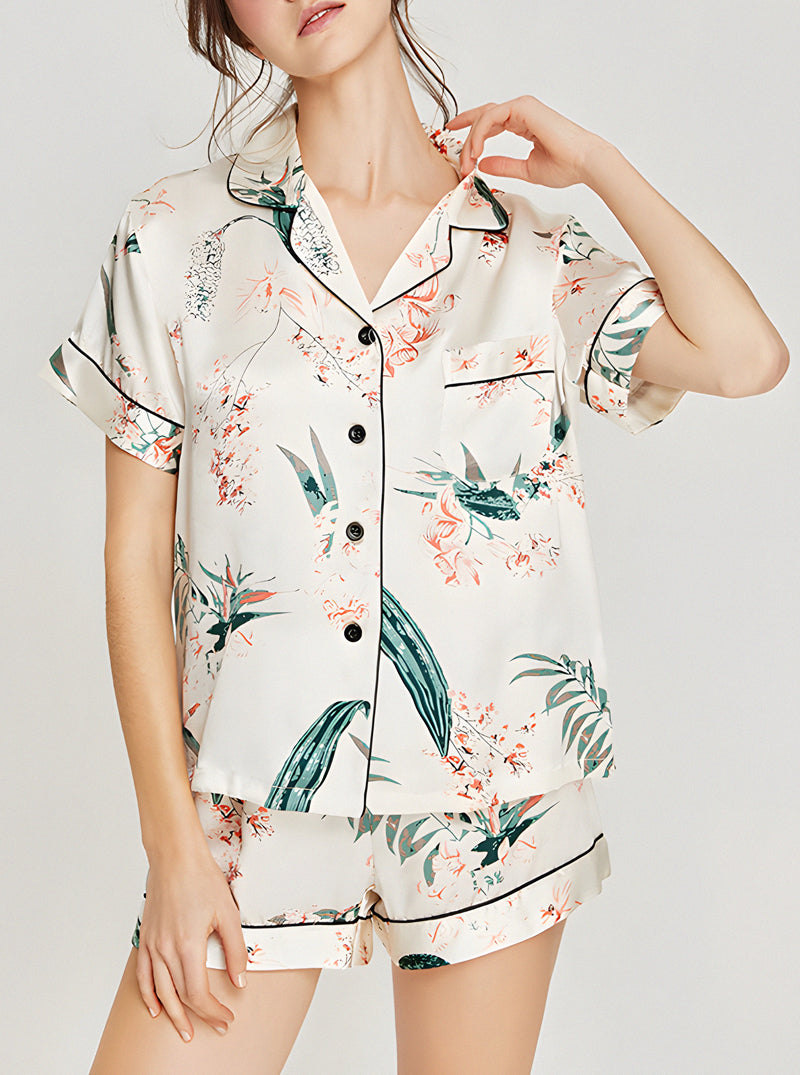 Silk Summer Ladies Small Lapel Fashion Printing Capable And Elegant Short-Sleeved Pajamas Shorts Two-Piece Set