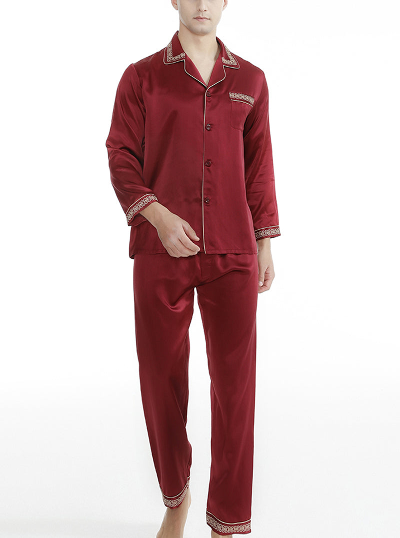 Silk Summer Male Embroidery Lace Small Lapel Simple Fashion Wine Red Long-Sleeved Trousers Casual Two-Piece Home Clothes