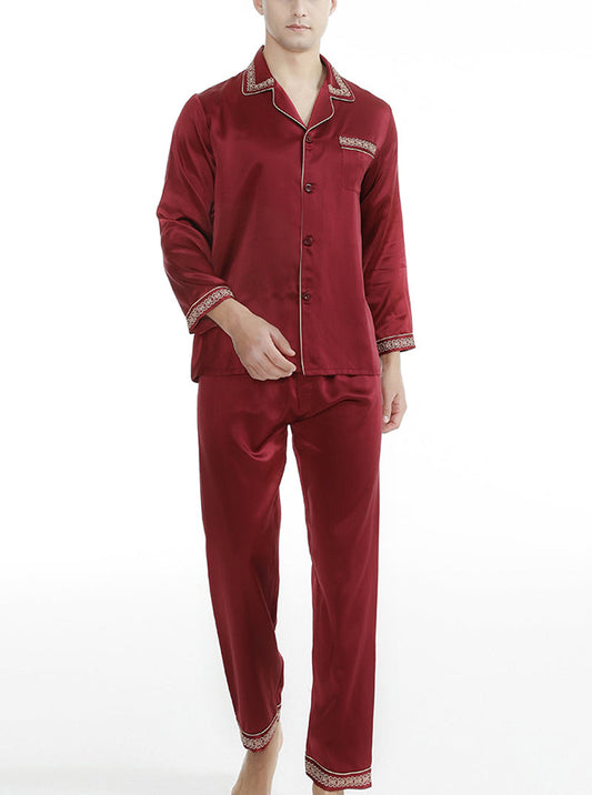 Silk Summer Male Embroidery Lace Small Lapel Simple Fashion Wine Red Long-Sleeved Trousers Casual Two-Piece Home Clothes