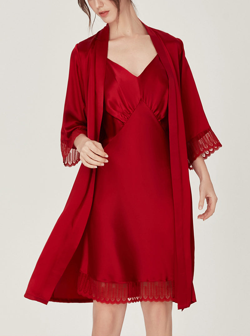 Summer Silk Matching Pajamas Elegant V Collar Fold Design Stitching Lace Edge Medium Length Nightdress And Night-Robe Set