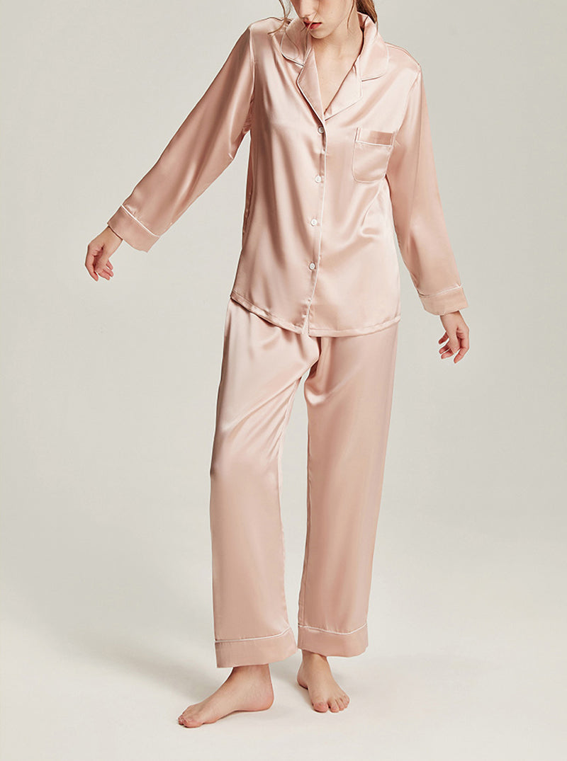 22 Momme Silk Summer Female Fashion Small Lapel Simple Soft Comfortable Youthful Temperament Various Colors Classic Long Sleeve Two-Piece Pajamas
