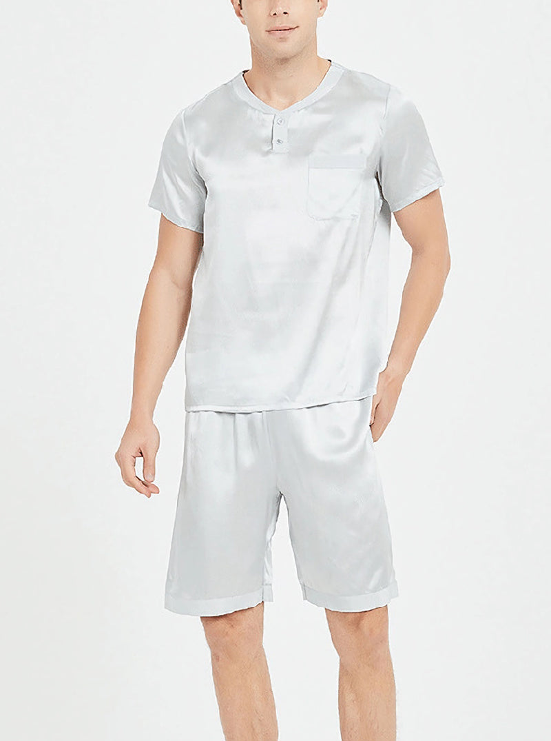 19 Momme Silk Summer Male Round Neck Casual Loose Handsome Solid Color Short-Sleeved Shorts Pajamas Two-Piece Set