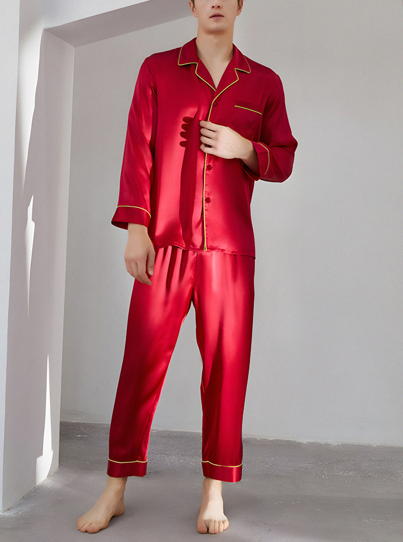 19 Momme Silk Spring And Autumn Male Small Lapel Comfortable And Breathable Classic Version Solid Color Long-Sleeved Trousers Pajamas Two-Piece Set