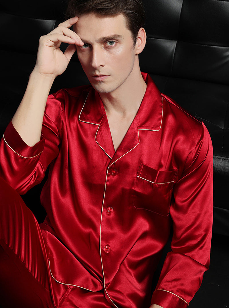 19 Momme Silk Spring And Autumn Male Contrast Color Small Lapel Simple And Capable Fashion Long-Sleeved Pajamas Two-Piece Set