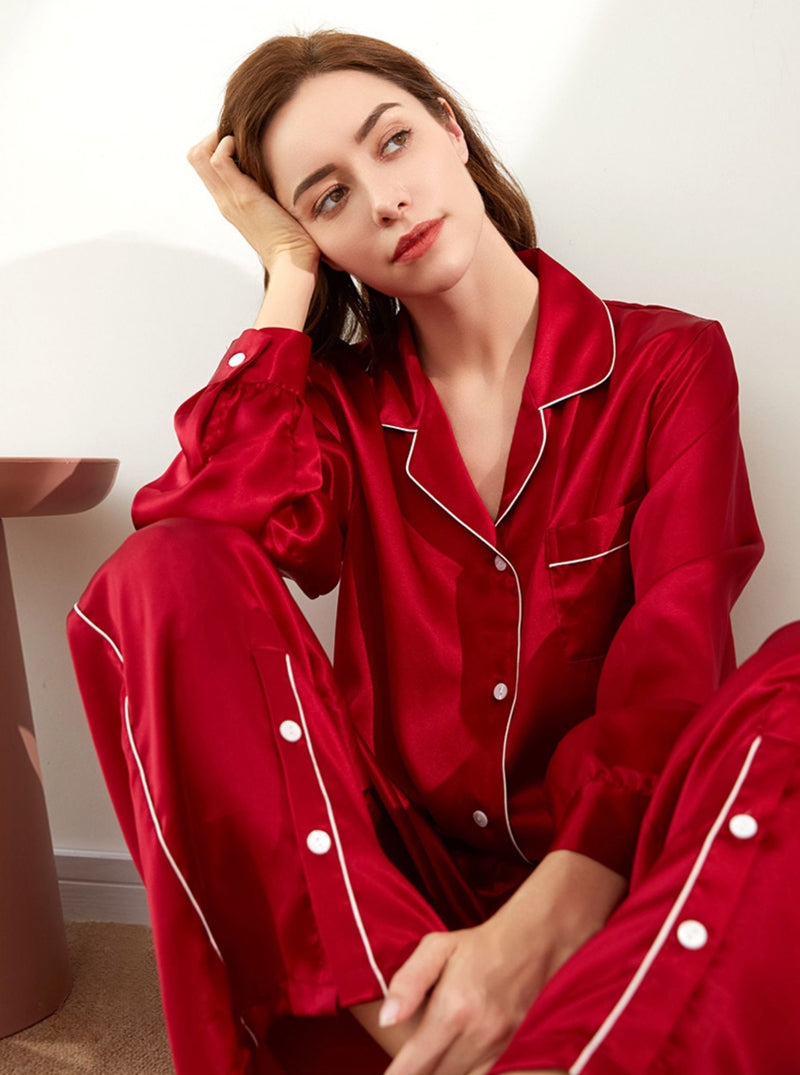 19 Momme Silk Autumn Ladies Small Lapel Beautiful Lively Colors Bright Long Sleeve Pajamas Two Piece Set