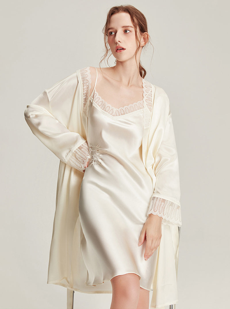 Lace High-End Female Silk Autumn V-Neck Sexy Waist Beautiful Suspender Nightdress Long-Sleeved Nightgown Two-Piece Set