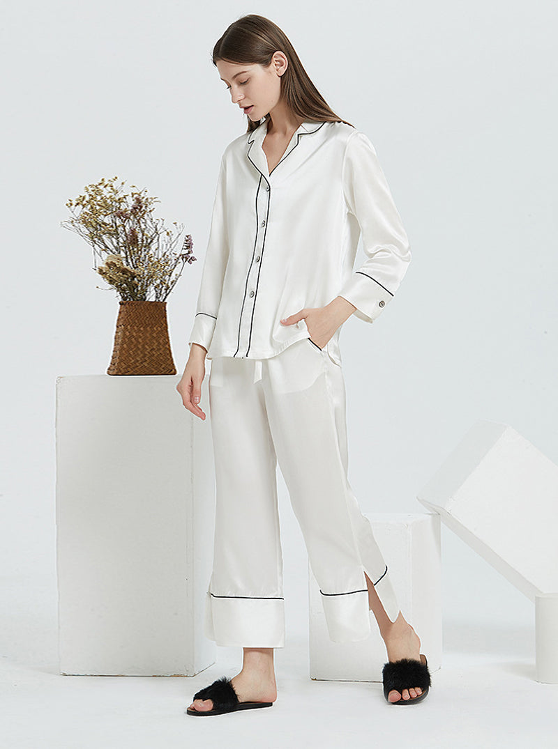 19 Momme Silk Spring And Autumn Female Suit Collar Simple Fashion Comfortable High-End Solid Color Long-Sleeved Trousers Pajamas Two-Piece Set
