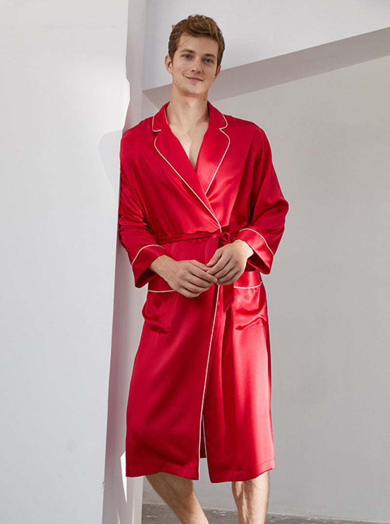Suit Collar 19 Momme Silk Male Spring Summer Fashion High-End Solid Color Long-Sleeved Long Night-Robe
