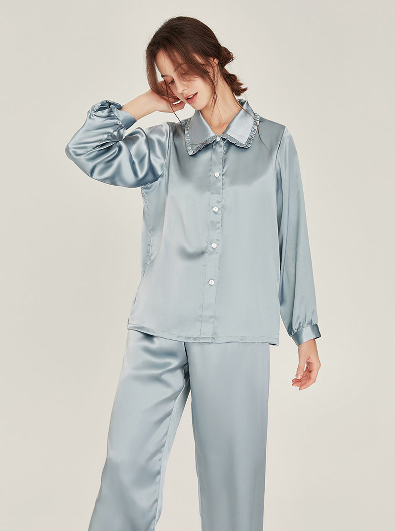 Silk Matching Pajamas Autumn Female Cute Ruffle Doll Collar Simplicity Pure Color Long Sleeve Two-Piece Set