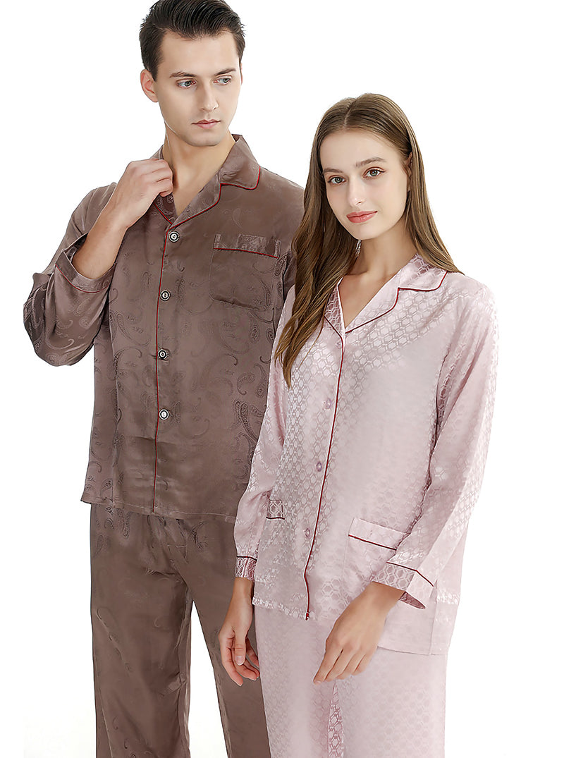 Silk Summer Wrapping Small Lapel Couple Pajamas Sets Printing Classic High-End Simple Long-Sleeved Trousers Casual Two-Piece Home Service