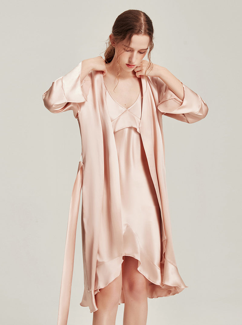 Silk Spring And Autumn Female V-Neck Ruffled Stitching High-End Casual Sexy And Comfortable Coral Pink Two-Piece Home Dressing Gown