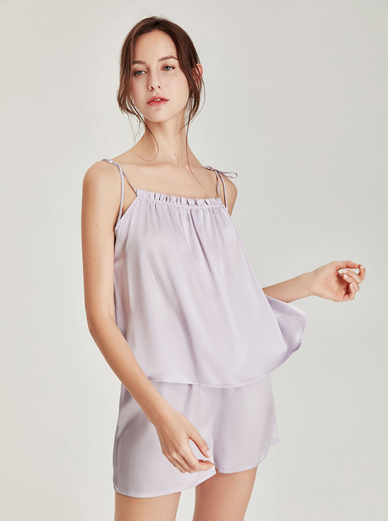 Summer Female Cute Candy Color Silk Matching Pajamas Ruffle Edge Collar Camisole Shorts Two-Piece Set