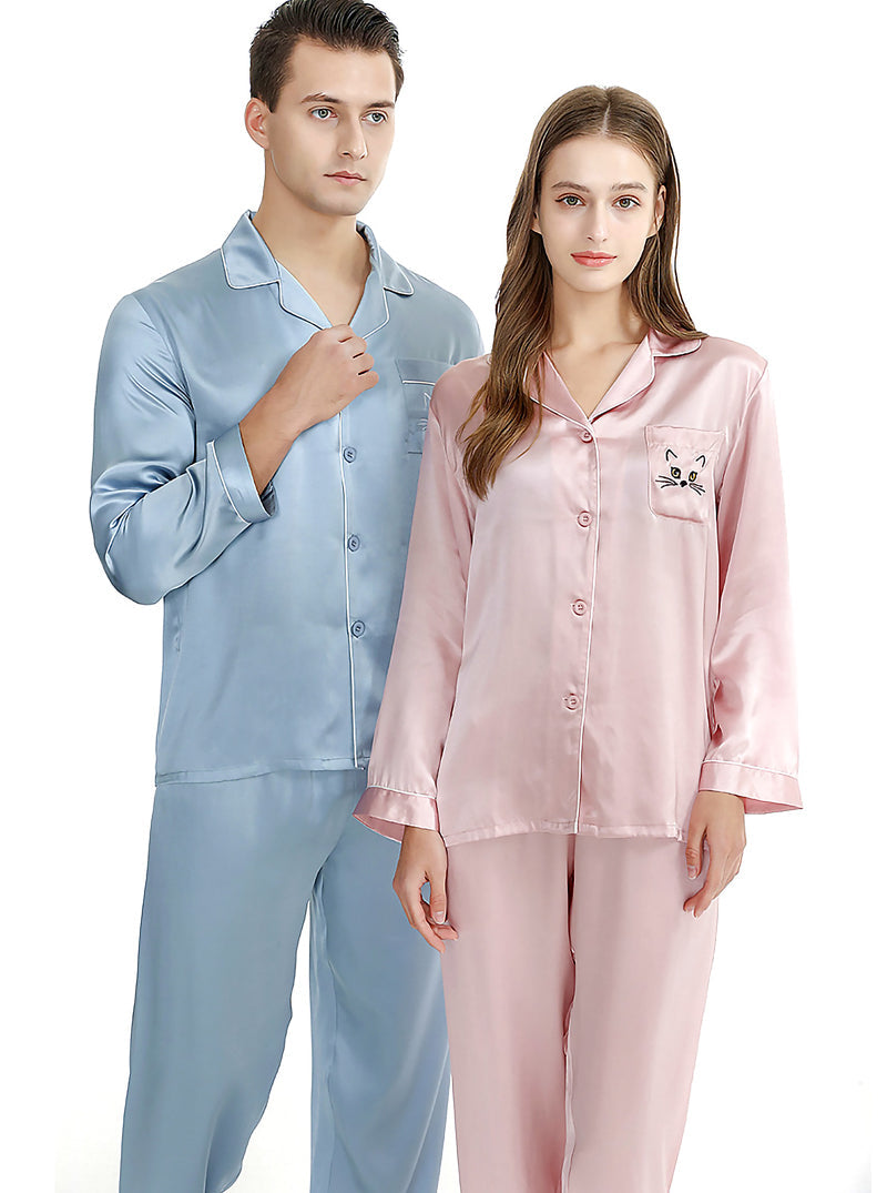 Silk Pure Color Summer Couple Pajamas Sets Small Lapel Cute And Lively Cat Embroidery Long-Sleeved Pajamas Two-Piece Set