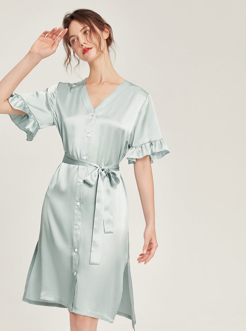 Female Summer 19 Momme Pure Color Silk Buttons V Collar Split Hem Ruffle Short Sleeve Medium Length Night-Robe