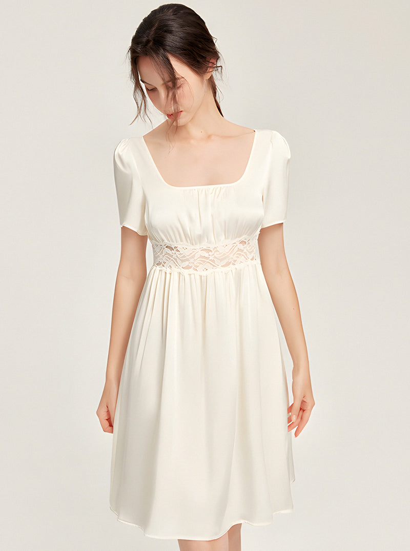 Summer Silk Court Style Boat Collar Waist Hollow Lace Loose Hem Short Sleeve Nightdress Female