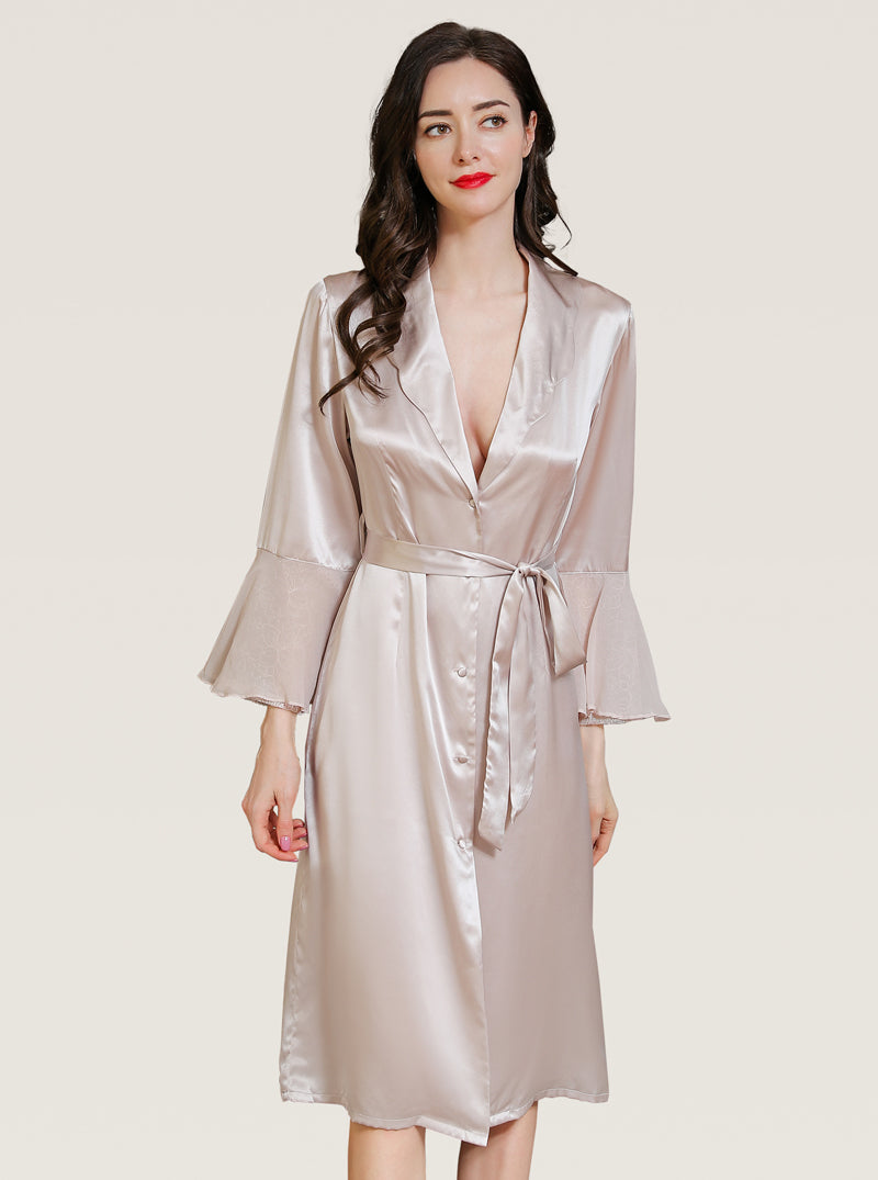 Silk Spring And Summer Female Small Lapel Elegant Sexy Mature Intellectual Comfortable Trumpet Sleeve Belt Solid Color Long-Sleeved Nightgown