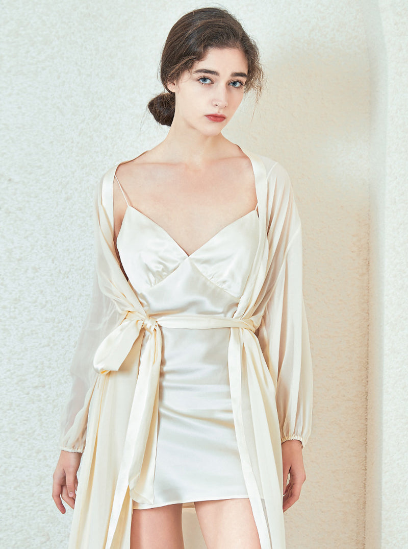Female Silk Summer Lightweight Sexy Charming Goose Soft Yellow Long Sleeve Cardigan Night-Robe
