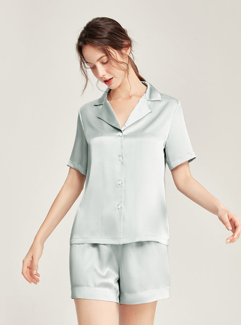 Silk summer Female small lapel simple youth fashion generous refreshing cool solid color short-sleeved two-piece pajamas