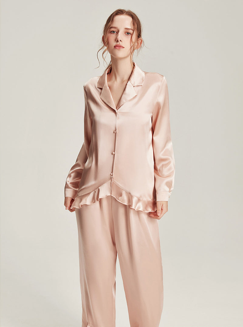 Solid Light Color Female Silk Autumn Shirt Collar Comfortable Breathable Ruffles Simple Basic Long Sleeve Pants Two Piece Pajamas