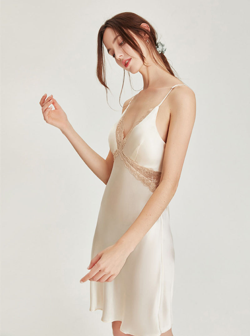 Summer Female Apricot Silk Sexy V Collar Splicing Hollow Lace Back Slim Adjustable Sling Nightdress With Chest Pads