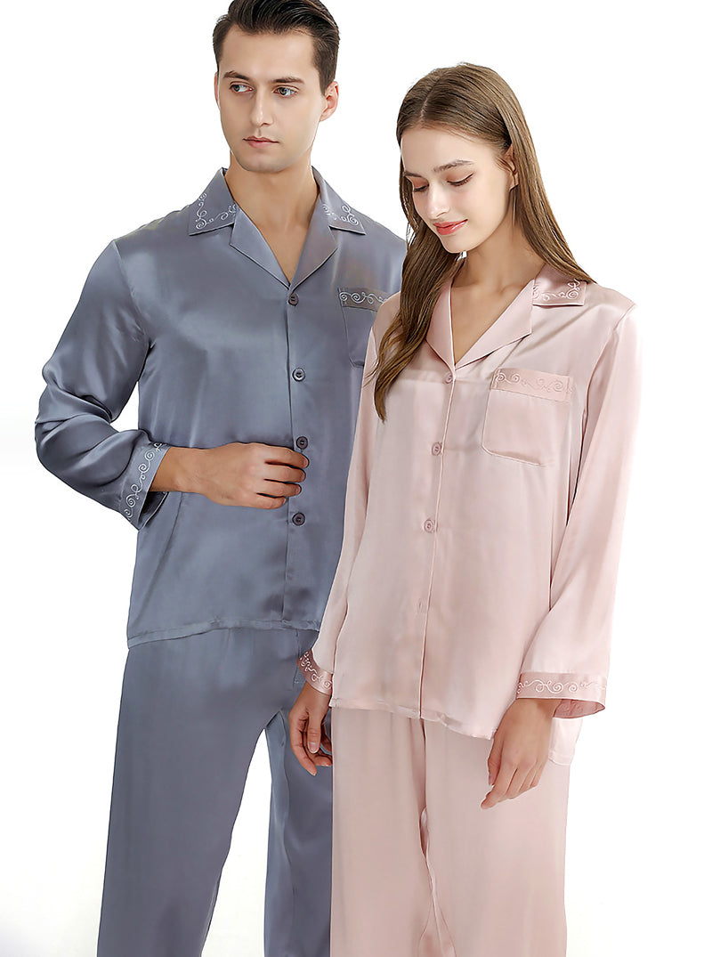 Couple Pajamas Sets Silk Summer Print Small Lapel Pink Elegant Pure Color Long-Sleeved Two-Piece Pajamas