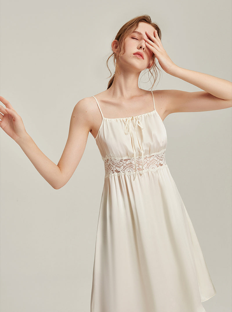 19 Momme Summer Female One-Word Collar Hollow Lace Palace Style Retro Fresh Sweet Elegant Sexy High Waist Neck Drawstring Beige Sling Nightdress