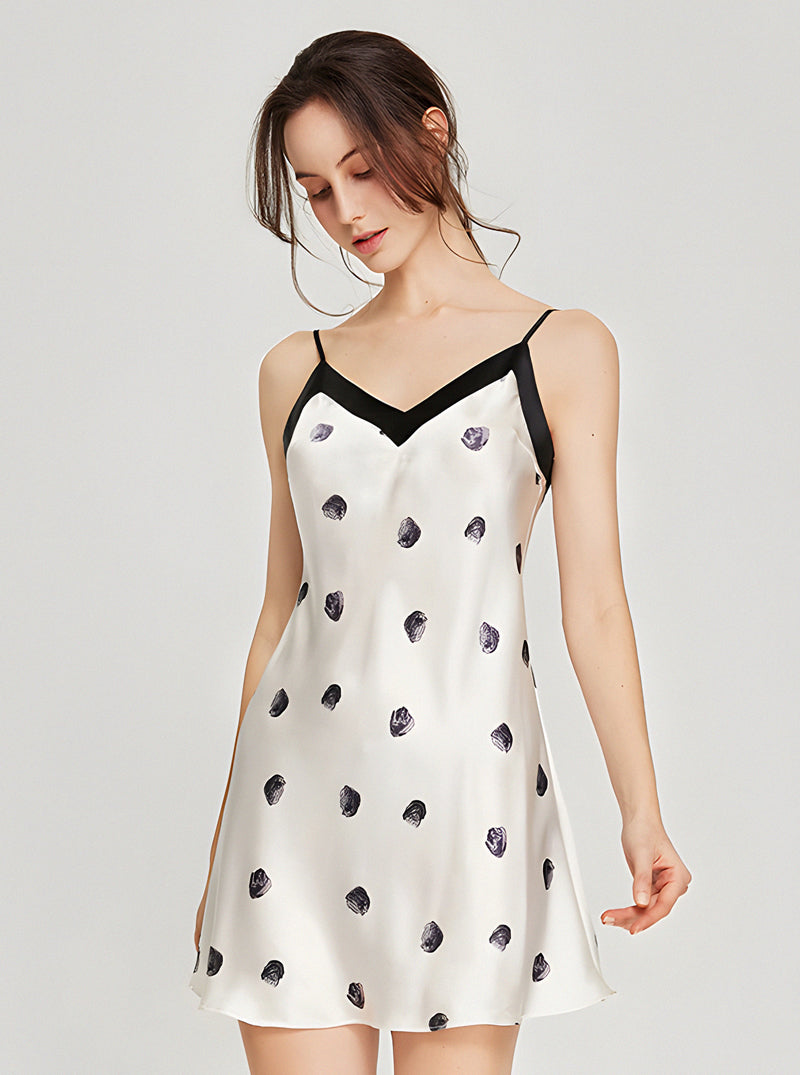 Silk Female Summer V Collar Cute Black Printing Polka Dots Milk White Slim Sling Nightdress