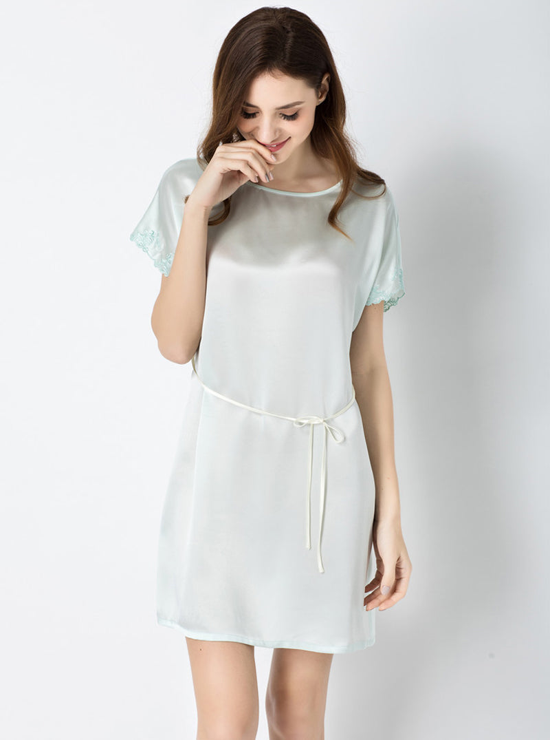 Round Neck Solid Color Summer Silk Female Classic Luxury Sexy Belt Stitching Lace Solid Color Short-Sleeved Nightdress