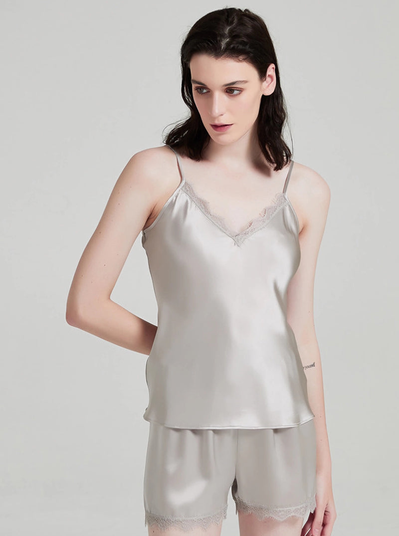 19 Momme Silk Solid Color Female Summer Sexy Casual Senior Textured Suspenders Shorts Pajamas Two-Piece Set