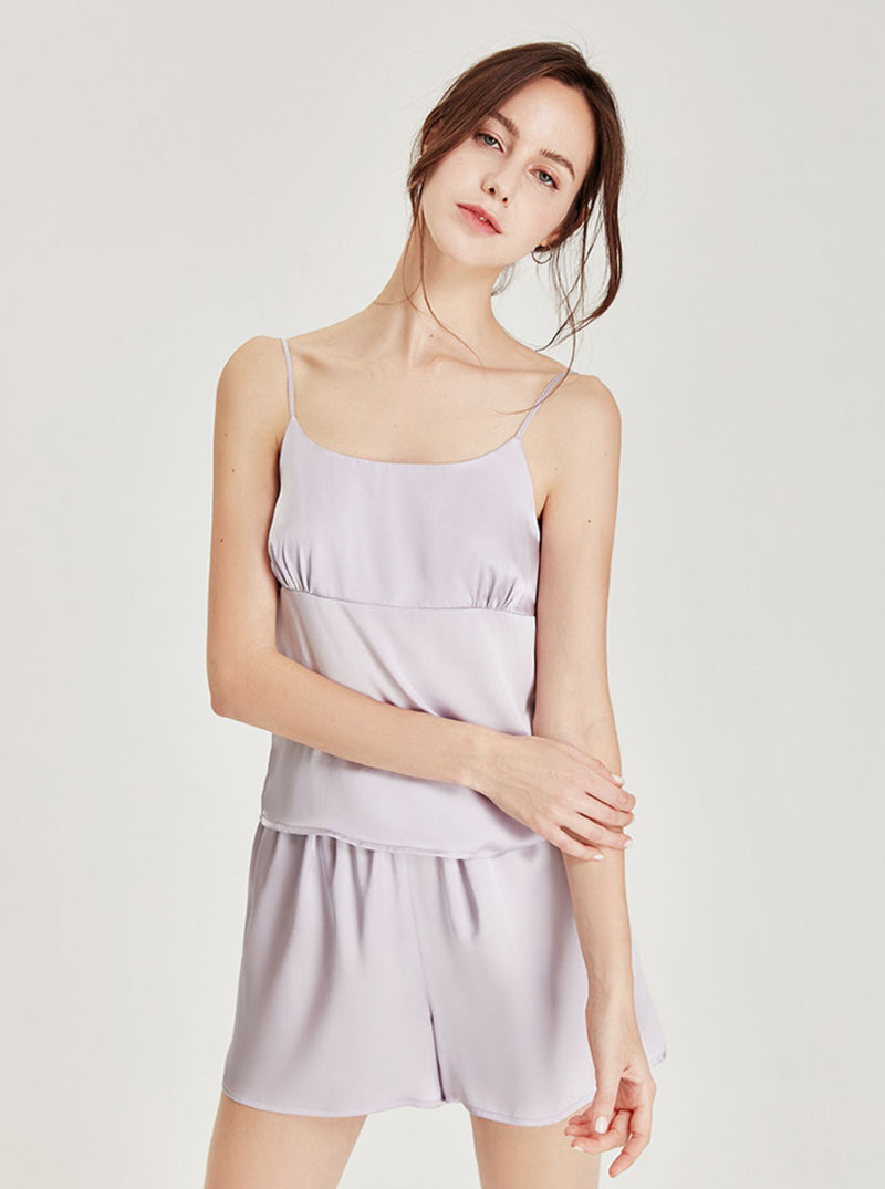 Simplicity Splicing Design Matching Pajamas Pure Color Silk Female Summer Round Collar Camisole Shorts Two-Piece Set