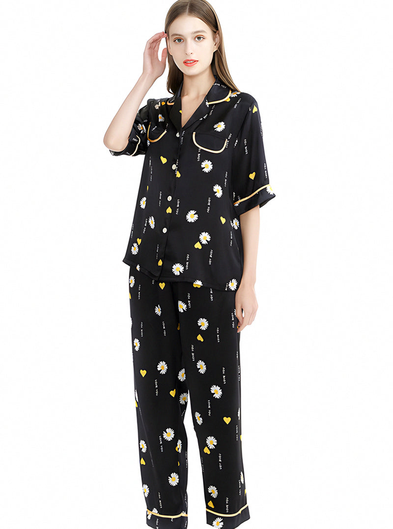 Summer Black Silk Female Contrast Color Edging Small Lapel Plant Flower Pattern Print Loose And Comfortable Short-Sleeved Pajamas Two-Piece Set