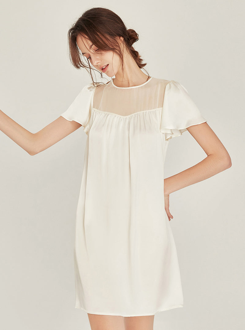 Silk Summer Advanced Sense Can Be Outdoors Simplicity Milk White Tulle Splicing Round Collar Short-Sleeve Female Loose Nightdress