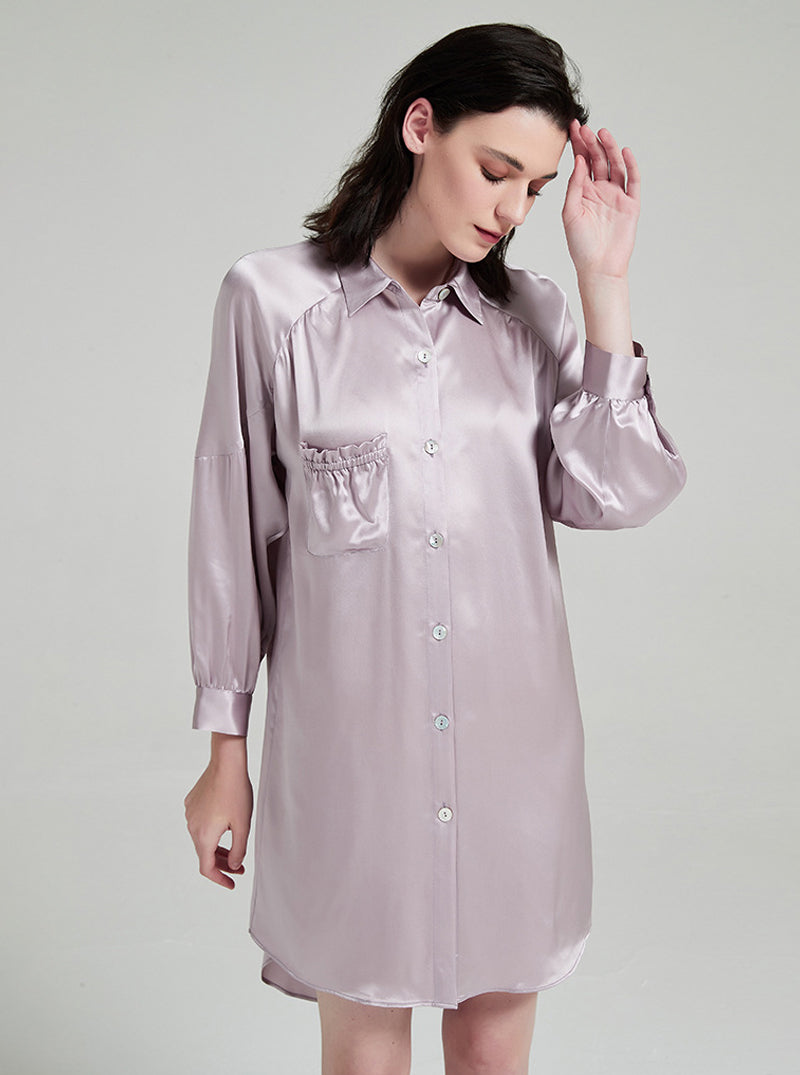 19 Momme Silk Female Summer Taro Purple Suit Collar Luxury Noble Elegant Long Sleeve Pleated Shirt Nightdress