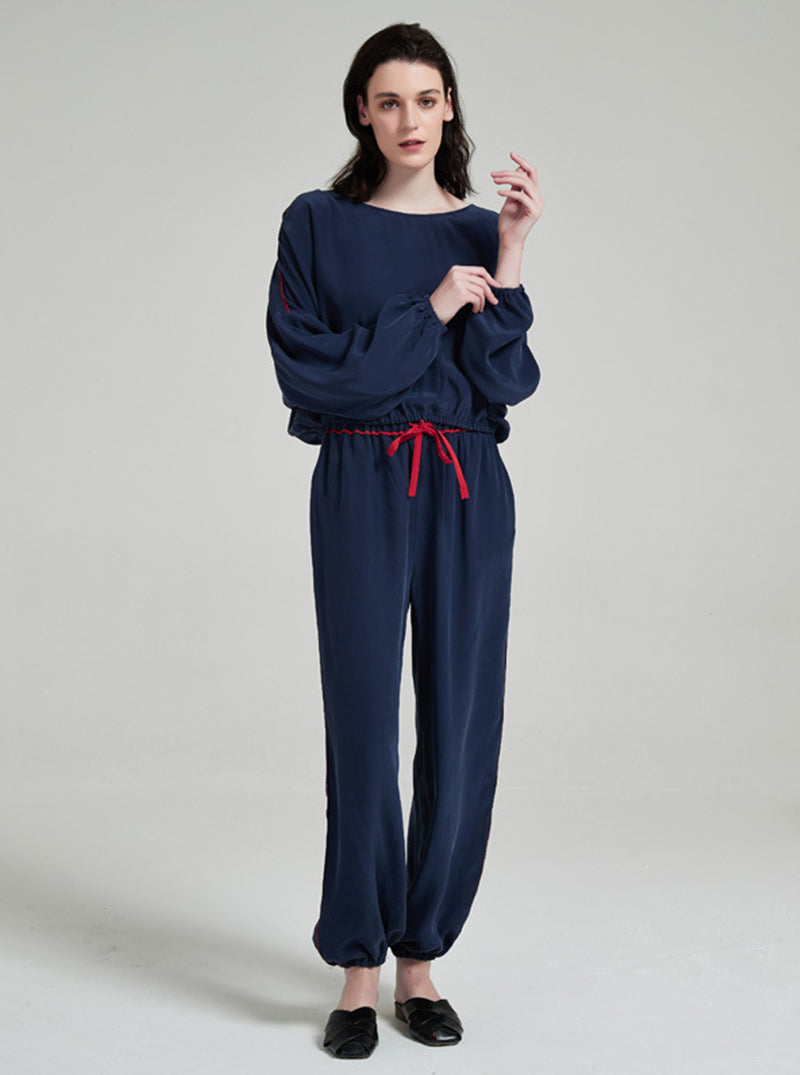 19 Momme Silk Navy Blue Spring And Autumn Female Round Neck Sand Wash Soft Loose Long-Sleeved Trousers Pajamas Two-Piece Set