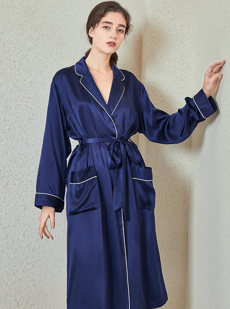 Solid Color 19 Momme Silk Spring And Autumn Female Small Lapel Slim Casual Intellectual Belt Long-Sleeved Nightgown